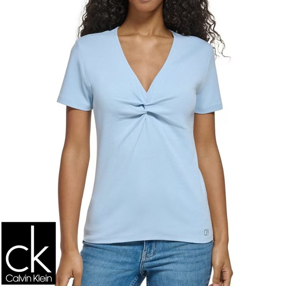 Calvin Klein Women's Twist Front V-Neck Casual Shirt Medium Cashmere Blue